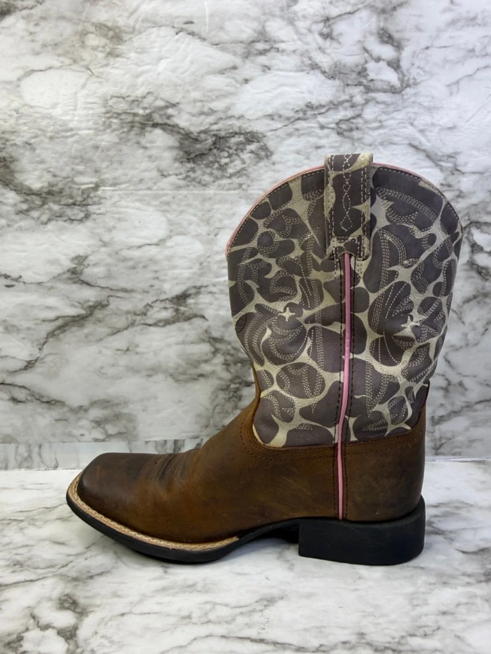 Ariat Brown Leather Cowgirl Boots with Pink & Cream Patterned Shaft size 1